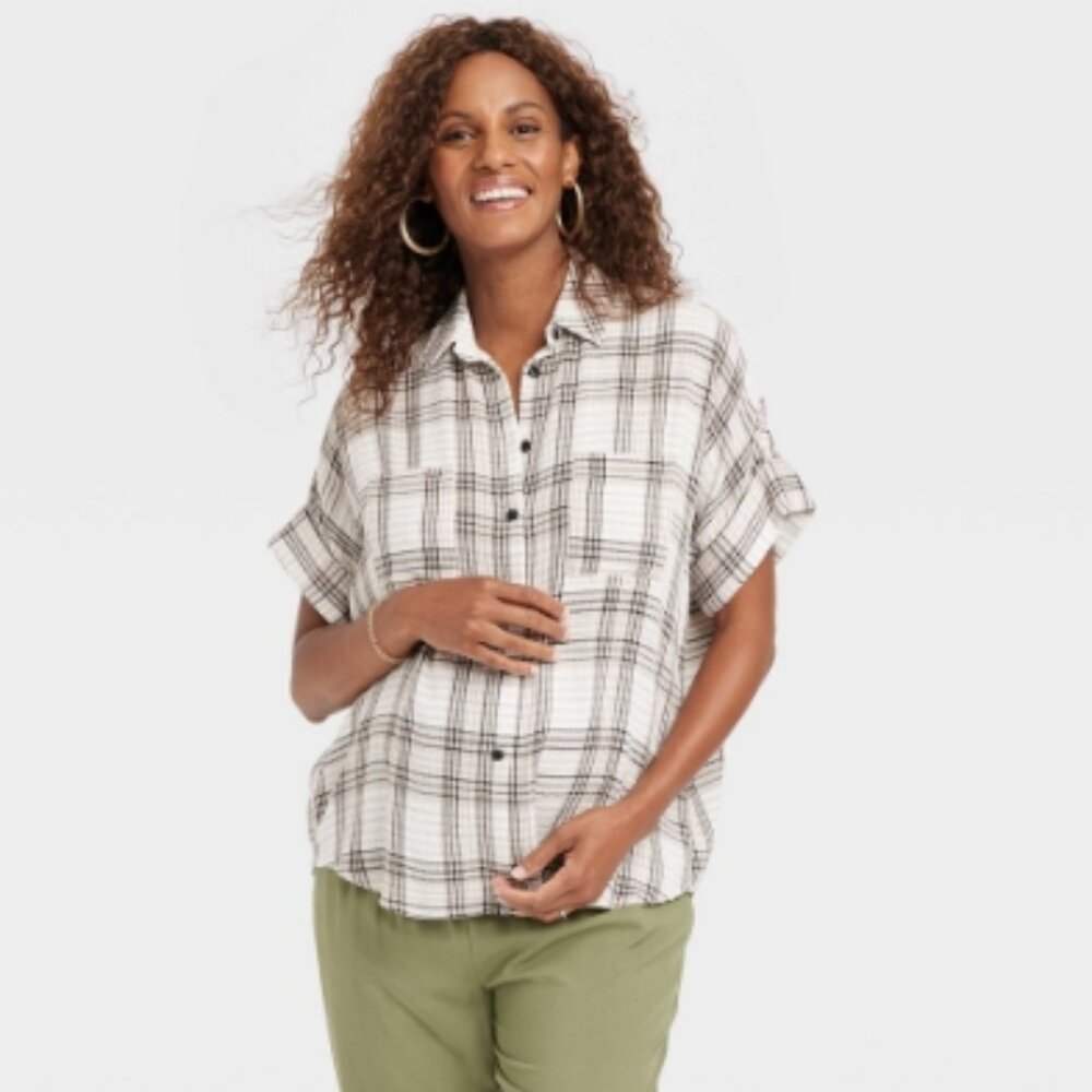 The Nines by HATCH Dolman Elbow Sleeve Button-Down Maternity Shirt.
